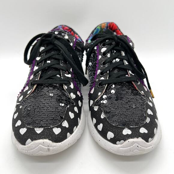 IRREGULAR CHOICE Run The World Sneakers Womens 40 Black Multi Sequined Glitter - Picture 2 of 11